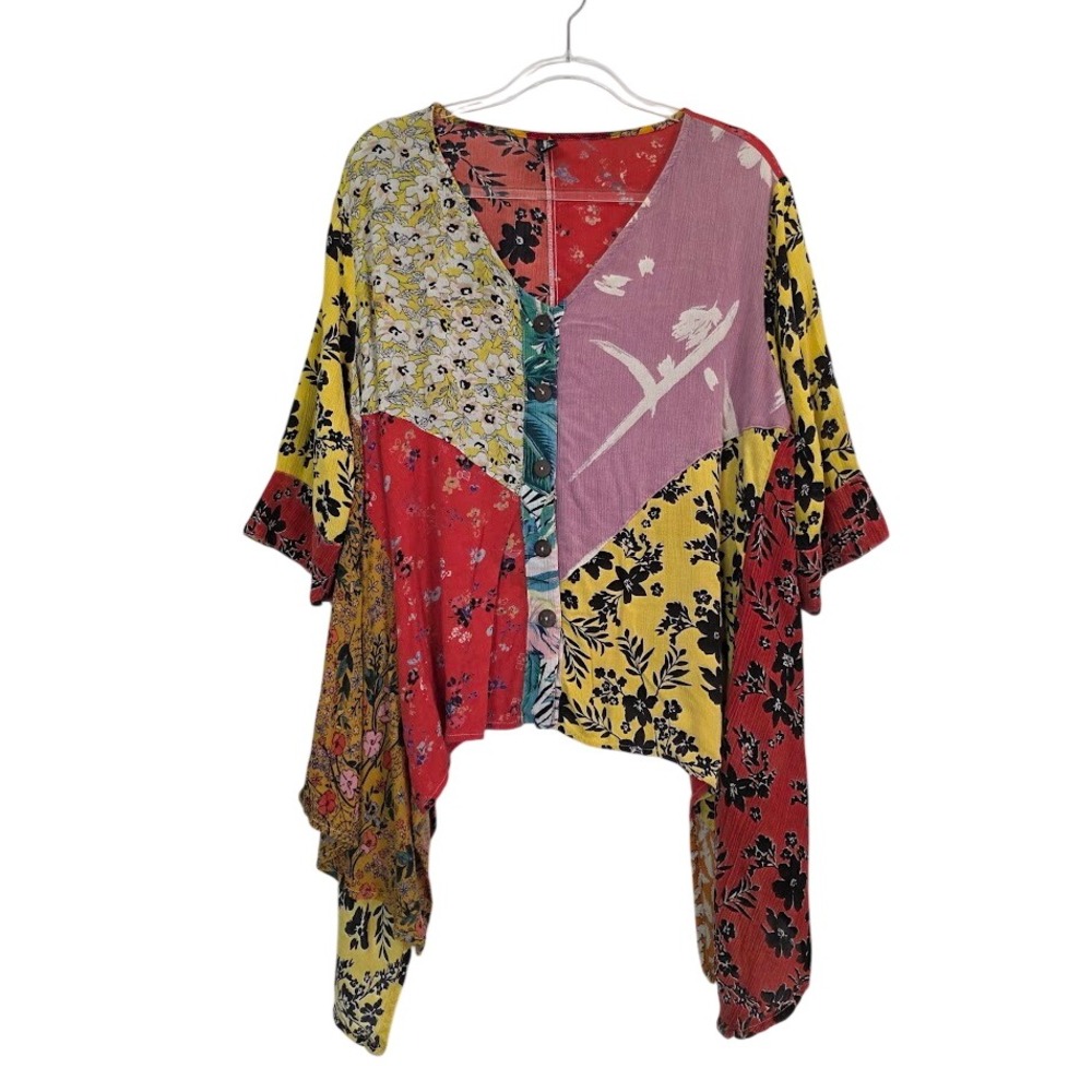 Sacred Threads L/XL Blouse Red Yellow Mixed Patchwork Floral Boho Sharkbite